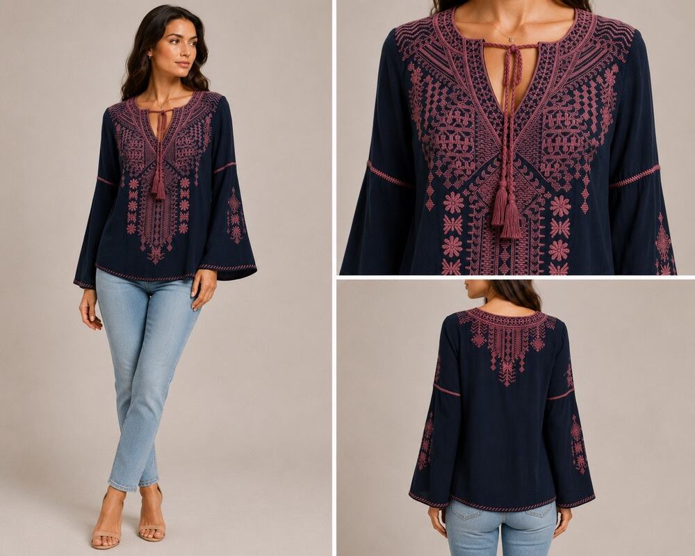 Johnny Was 100% Silk Embroidered Boho Tunic Blouse Women’s L Navy Purple